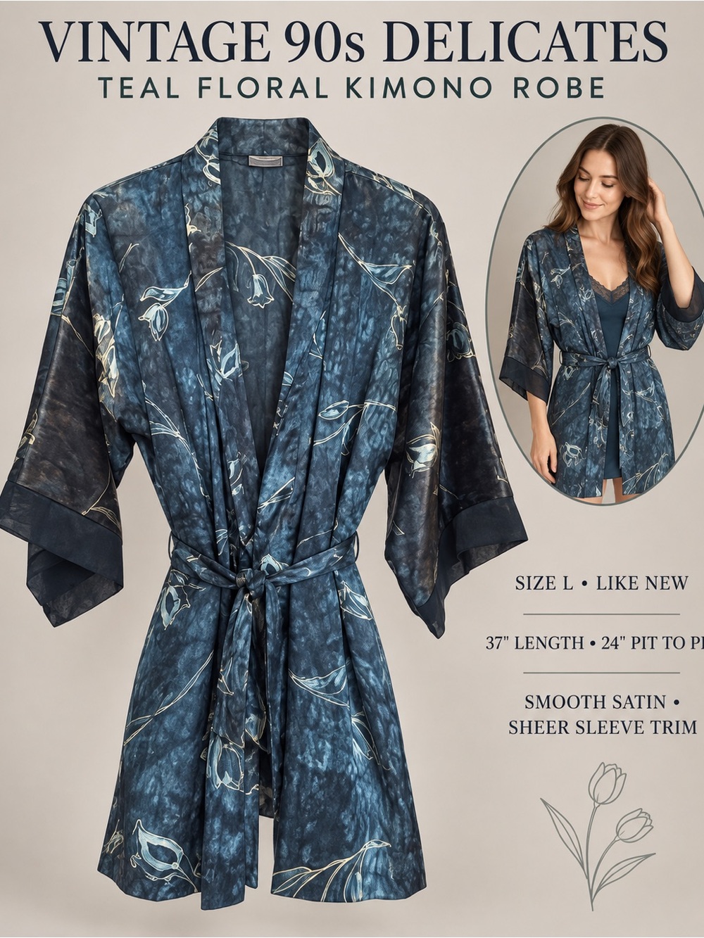 Gorgeous Vintage 90s Delicates Teal Floral Satin Kimono Robe Size L